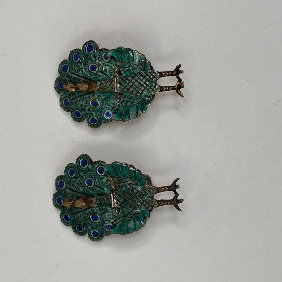 Vintage Peacock Brooch Pin & Earrings Set Sterling Siam Enamel Articulating - Picture 10 of 10